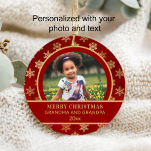 Christmas Grandma Grandpa Red Gold Snowflakes Ornament