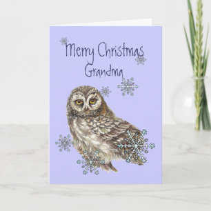 Christmas Grandma, Snow flakes & Owl Bird Holiday Card