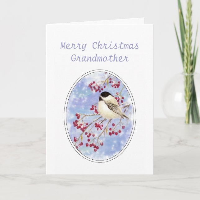 Christmas Grandmother Bird Berry Frosty Window Holiday Card (Front)