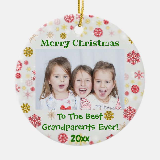 Christmas Grandparents Grandkids Photo Year Ceramic Ornament (Front)