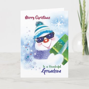 Christmas  Grandson  Cool Snowman In Sunglasses Card by WilBiCreations at Zazzle