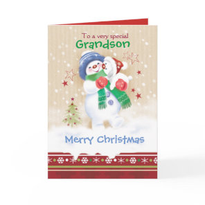 Christmas, Grandson. Cute Snowman and Puppy Holiday Card