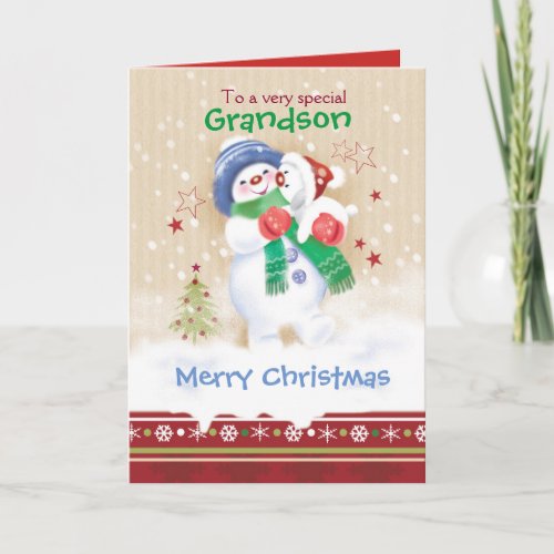 Christmas Grandson Cute Snowman and Puppy Holiday Card