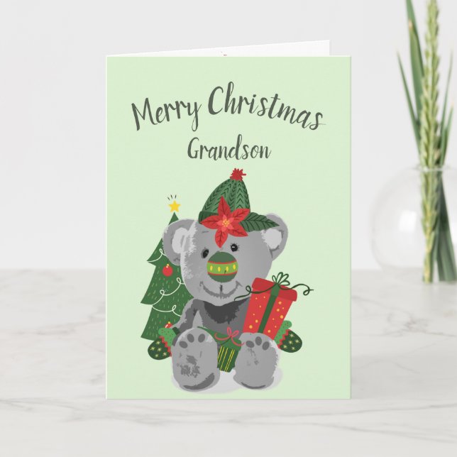 Christmas Grandson Cute Teddy Bear Fun Holiday Card (Front)