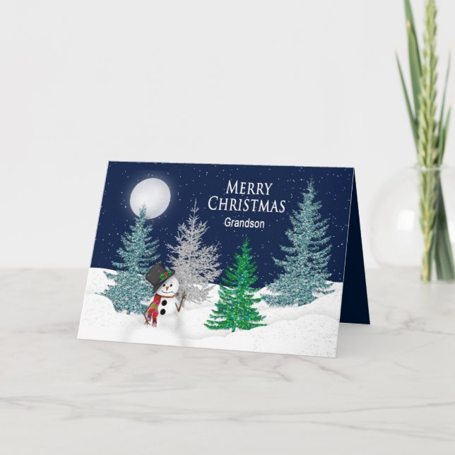 Christmas - Grandson -Night Snow & Snowman Holiday Card (Front)