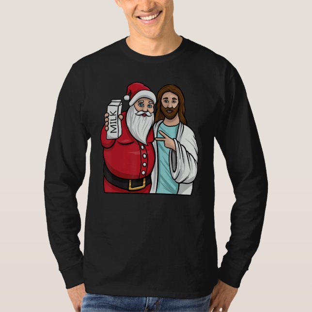Christmas Graphic Santa and Jesus Jingle Bros Milk T-Shirt (Front)