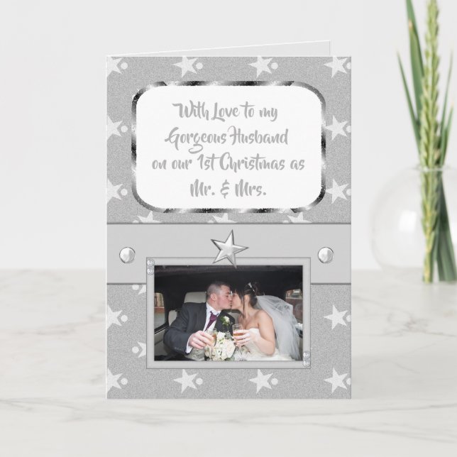 Christmas gray and white with stars and photo holiday card (Front)