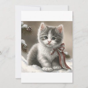 Christmas Gray Kitten , Santa Cat T-Shirt Holiday Card