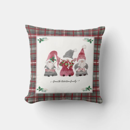 Christmas Gray Plaid Gnome Love Joy Peace Holly Throw Pillow
