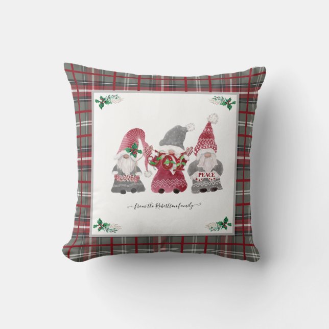 Christmas Gray Plaid Gnome Love Joy Peace Holly Throw Pillow (Front)