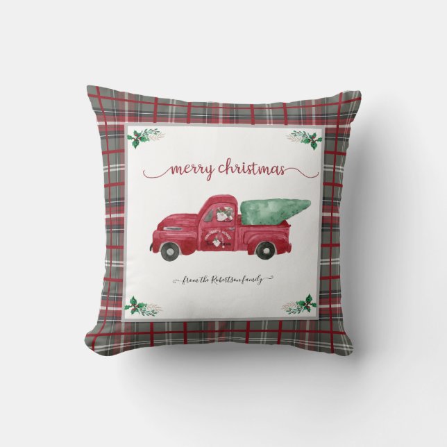 Christmas Gray Plaid Gnome Tree Farm Red Truck Throw Pillow (Front)