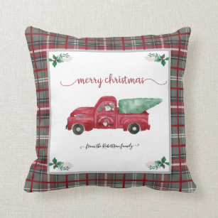 Christmas Gray Plaid Gnome Tree Farm Red Truck Throw Pillow