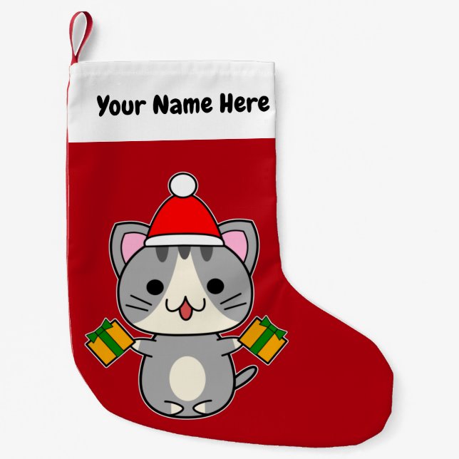 Christmas Gray Tabby Cat Small Christmas Stocking (Front)