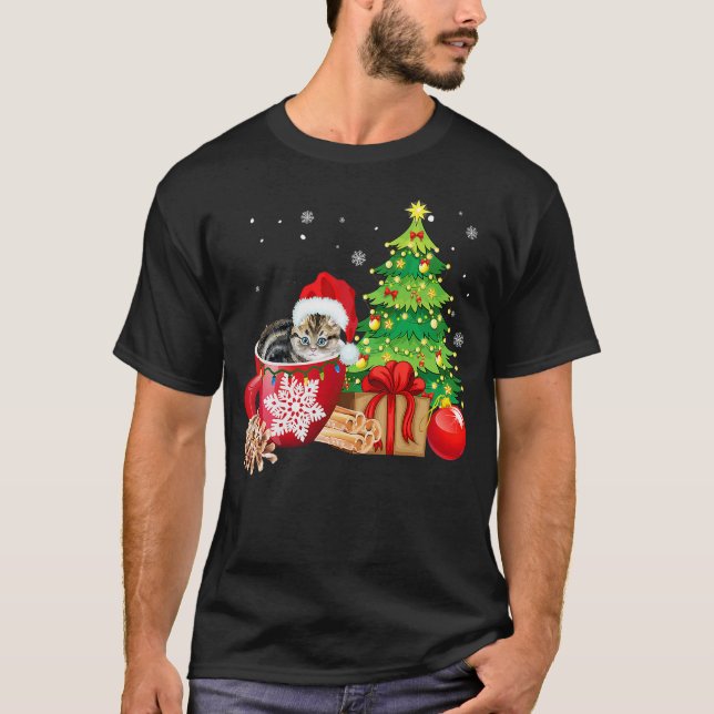Christmas Gray Tabby Cat Ugly Xmas Tree Lights Paj T-Shirt (Front)
