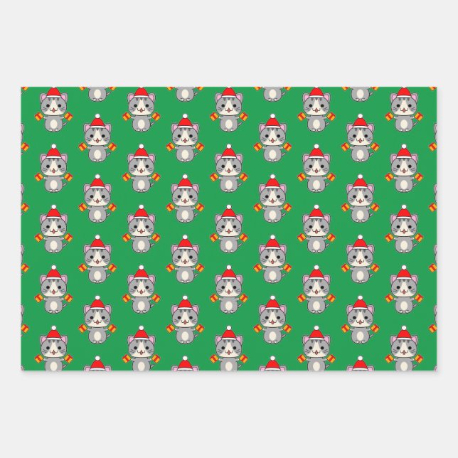 Christmas Gray Tabby Cat Wrapping Paper Sheets (Front)