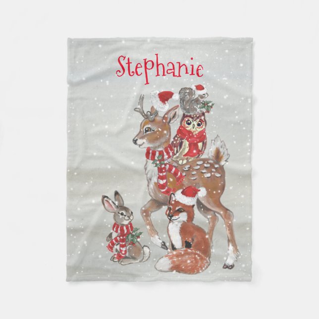 Christmas Gray Winter Woodland Animal Deer Name Fleece Blanket (Front)