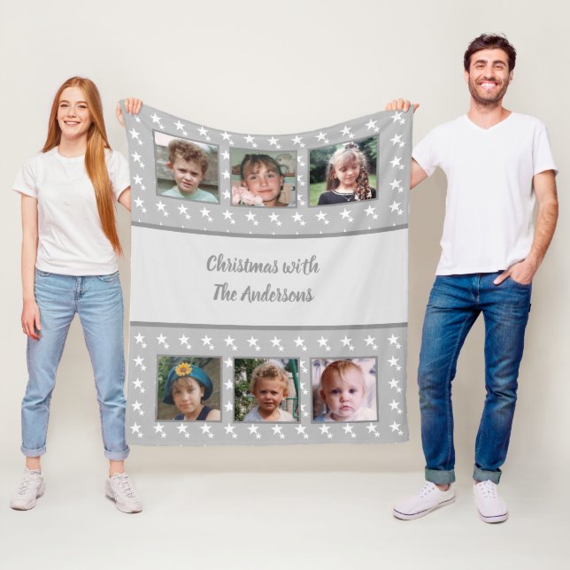 Christmas gray with white stars photos family name fleece blanket (In Situ)