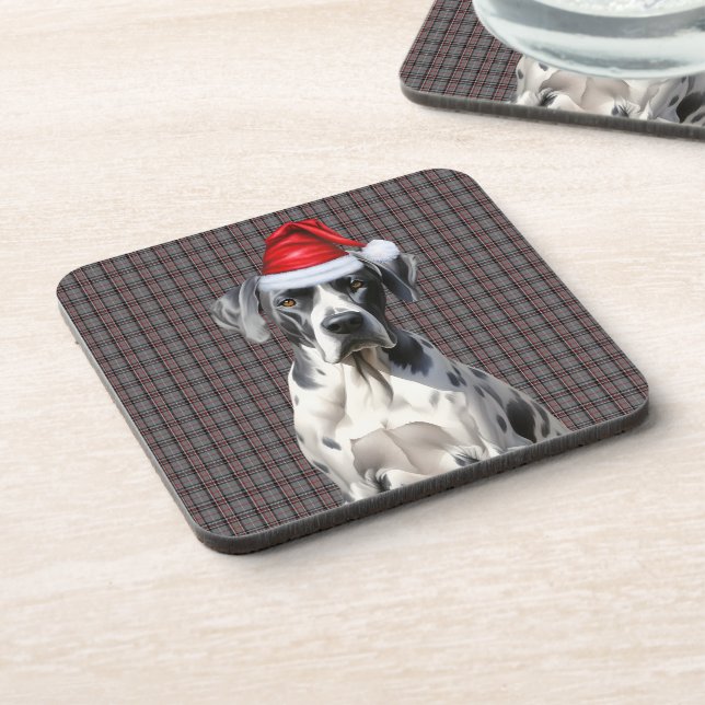 Christmas Great Dane Dog Red Plaid Holiday Beverage Coaster (Left Side)