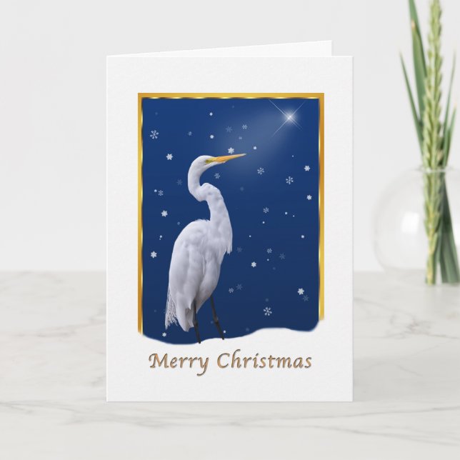 Christmas, Great Egret Bird, Star, Religious Holiday Card (Front)
