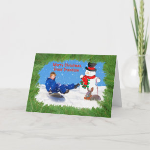 Christmas, Great Grandson, Boy on Sled, Snowman Holiday Card