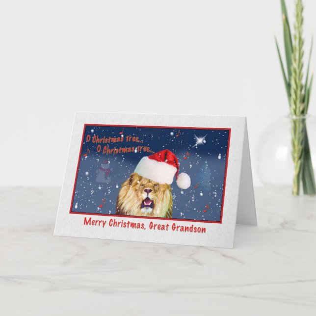 Christmas, Great Grandson, Lion in Santa Hat Holiday Card (Front)
