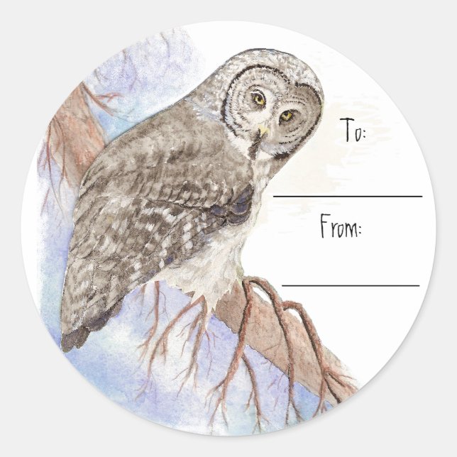 Christmas Great Grey Owl Gift Tag Sticker (Front)