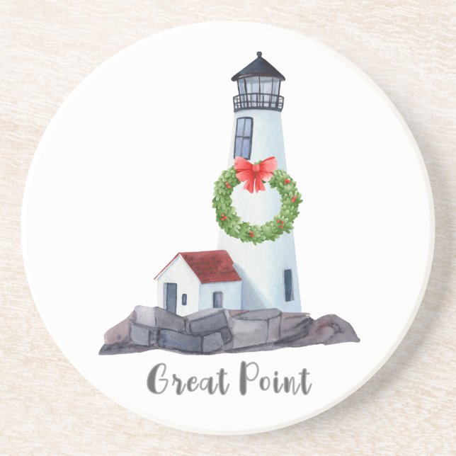 Christmas Great Point Lighthouse Sandstone Coaster (Front)