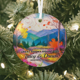 Christmas Great Smoky Mountains Art Couple Engaged Glass Ornament