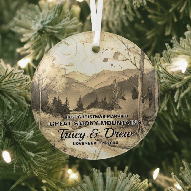 Christmas Great Smoky Mountains Art Couple Married Glass Ornament (Insitu)