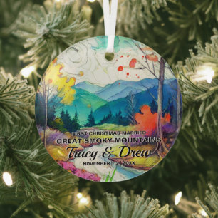Christmas Great Smoky Mountains Art Couple Married Glass Ornament