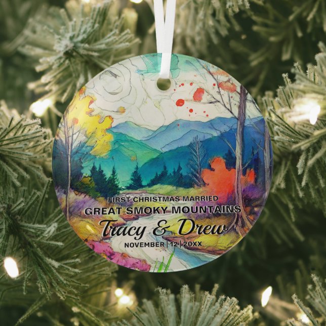 Christmas Great Smoky Mountains Art Couple Married Glass Ornament (Insitu)