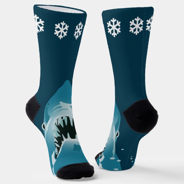 Christmas Great White Shark Blue Snowflake Socks (Angled)