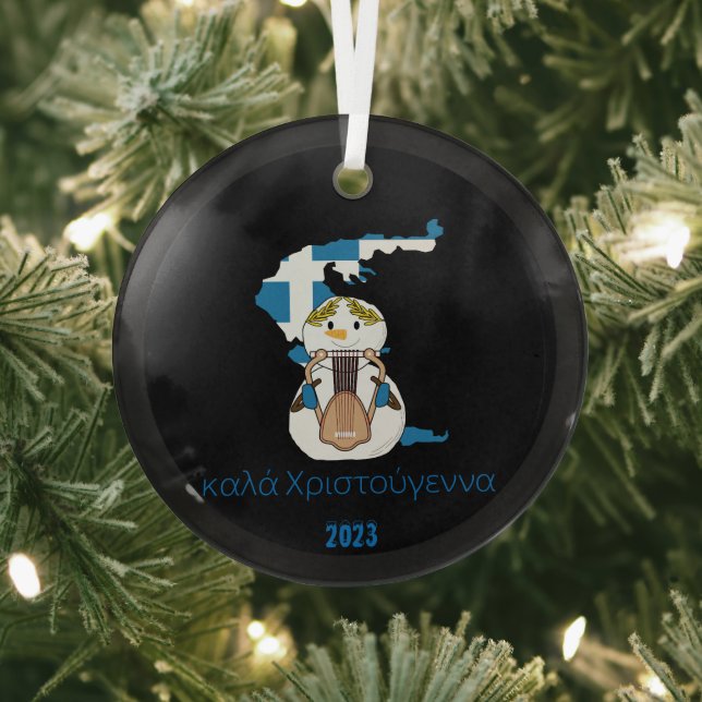 Christmas Greece Flag snowman Glass Ornament (Insitu)
