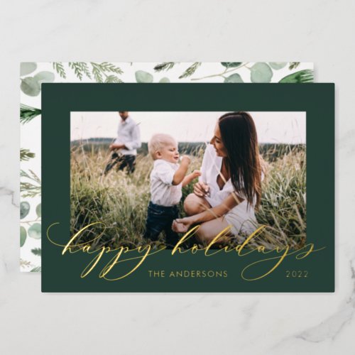 Christmas green 1 photo botanical script foil holiday card