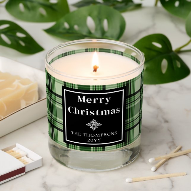 Christmas Green And Black Plaid Tartan Pattern Scented Candle (Lit)