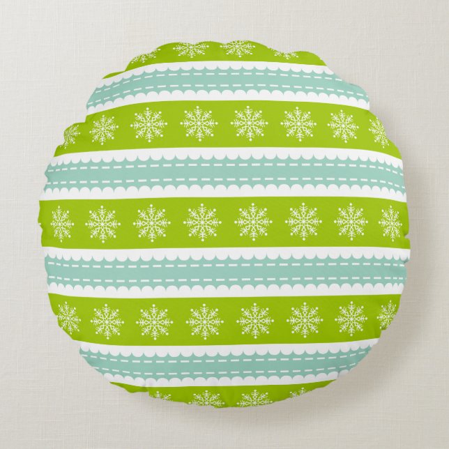 Christmas Green and Blue Stripes With Snowflakes Round Pillow (Front)
