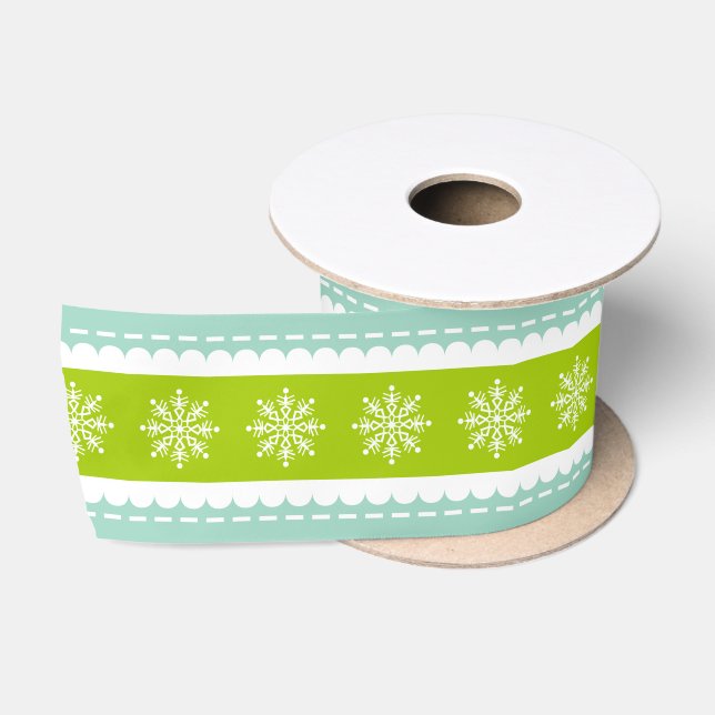 Christmas Green and Blue Stripes With Snowflakes Satin Ribbon (Spool)