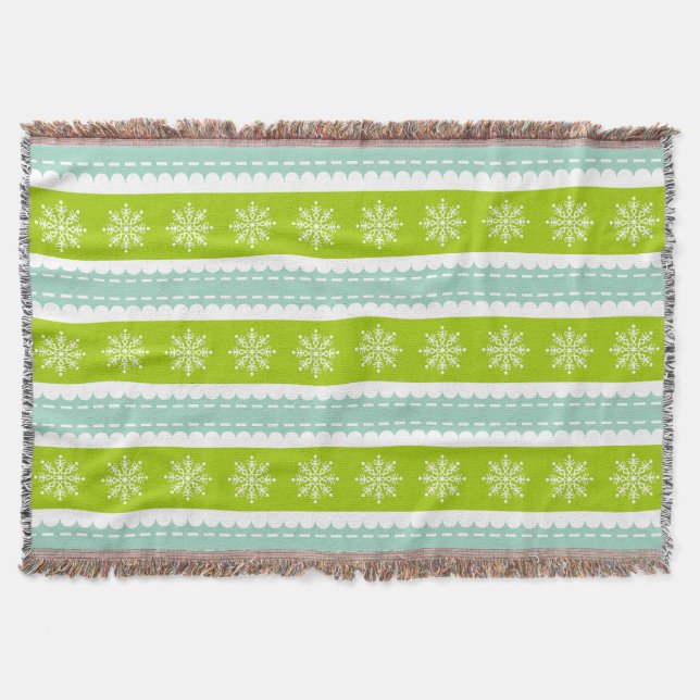 Christmas Green and Blue Stripes With Snowflakes Throw Blanket (Front)