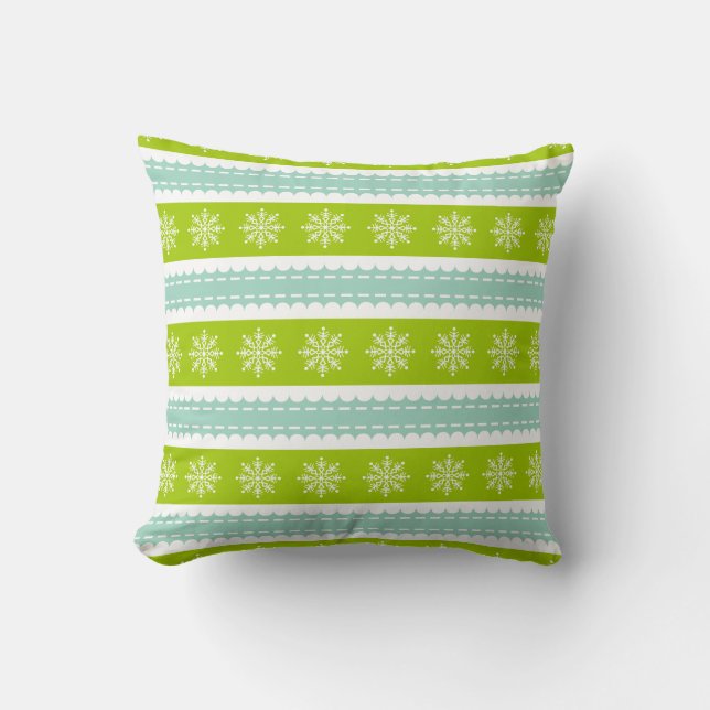 Christmas Green and Blue Stripes With Snowflakes Throw Pillow (Front)