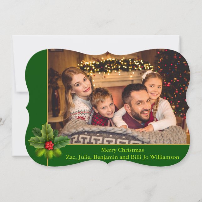 Christmas Green and Gold Frame Fancy Trim Photo Holiday Card (Front)