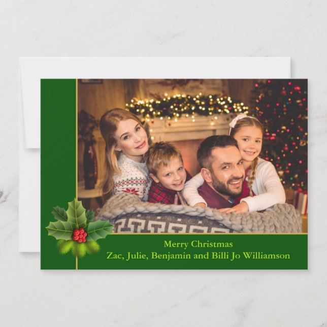 Christmas Green and Gold Frame With Holly Photo Holiday Card (Front)