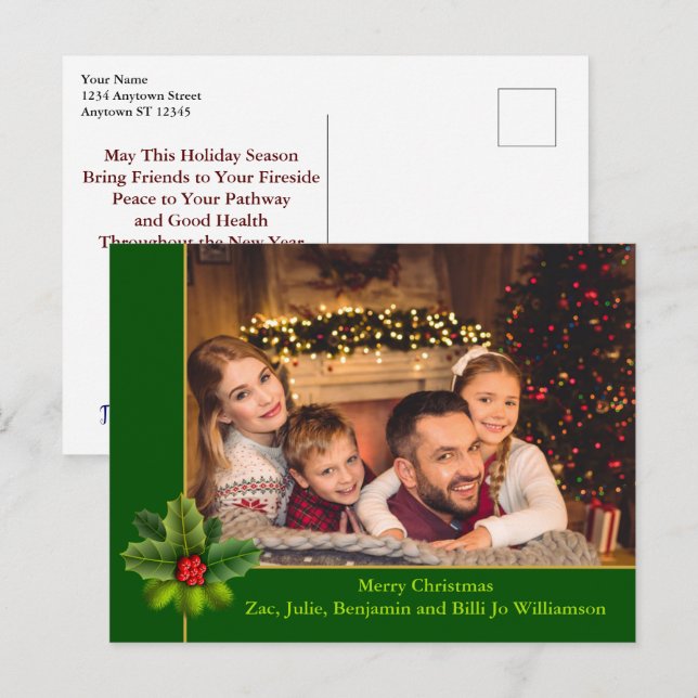 Christmas Green and Gold Frame With Holly Photo Postcard (Front/Back)