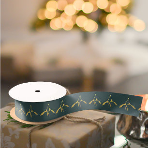 Christmas Green and Gold Mistletoe Ribbon