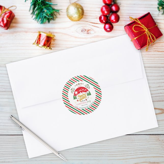 Christmas Green and Red Candy Cane Party Invite Classic Round Sticker (Creator Uploaded)