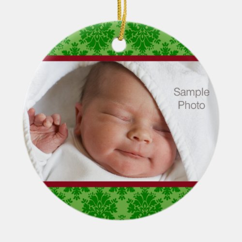 Christmas Green and Red Damask Elegant Photo Ceramic Ornament