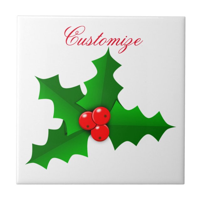 Christmas Green and red holly Thunder_Cove Ceramic Tile (Front)
