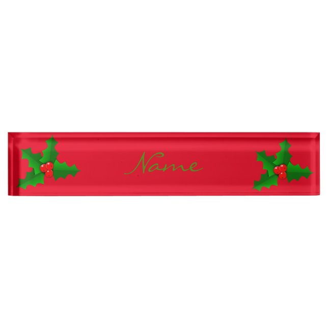 Christmas Green and red holly Thunder_Cove Desk Name Plate (Front)