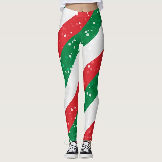 Christmas  Green And Red Stripes  Pattern Leggings (Front)