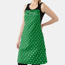 Christmas Green and White Polka Dots with Name Apron
