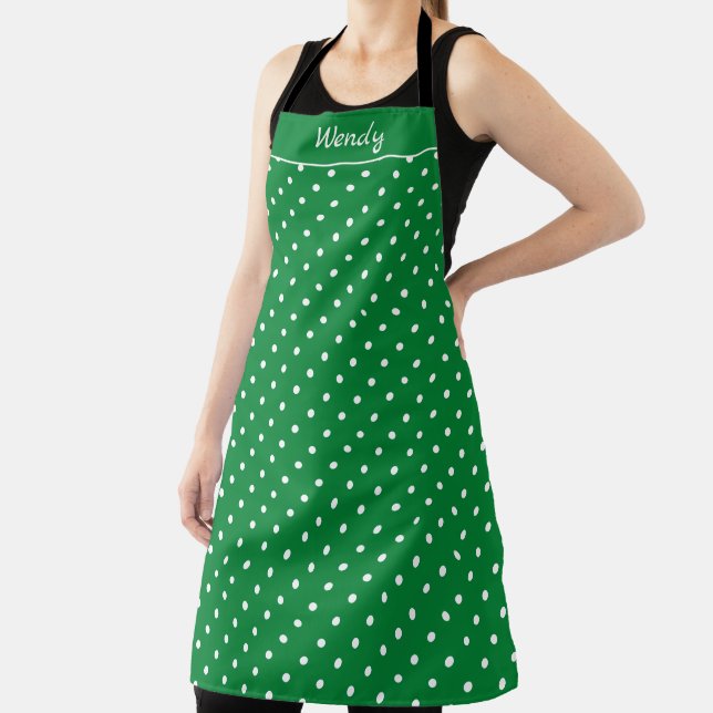 Christmas Green and White Polka Dots with Name Apron (Insitu)